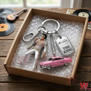 Unboxed view of an Elvis Presley keychain inside a bubble wrap lined cardboard box!