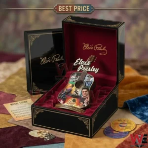 Commemorative Elvis Presley miniature acoustic guitar collectible in a velvet-lined display box.