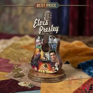 Elvis Presley decorative guitar sculpture on a wooden base with photographic imagery