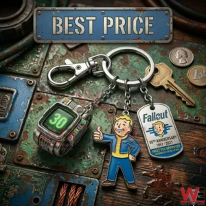 A metal keychain with game charms on a wooden surface!