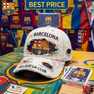 Distressed beige FC Barcelona baseball cap on a table with team flags and cards!