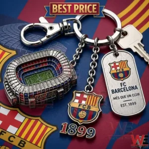 Detailed metal keychain with a miniature stadium and football club charms on a red and blue background.