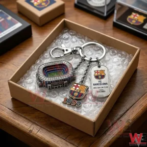 Football club keychain set featuring a stadium model packed in a brown shipping box with bubble wrap.