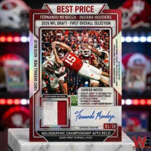 Football trading card of Fernando Mendoza with a jersey patch and signature on a marble stand!