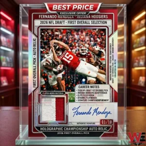 Fernando Mendoza football relic card standing inside a clear protective display case!