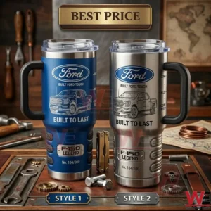 Two Ford F-150 themed insulated tumblers with handles on a workbench with tools.