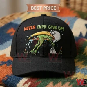 Black baseball cap featuring an embroidered design of a bird swallowing a frog with the text Never Ever Give Up.