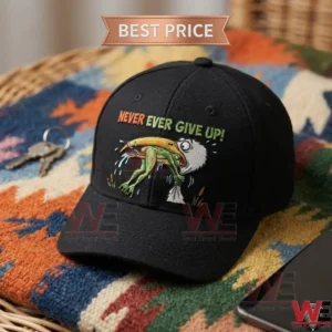 Black baseball cap featuring an embroidered pelican and frog Never Ever Give Up design