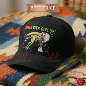 Black baseball cap featuring an embroidered Never Ever Give Up design with a crane and frog.