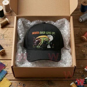 Black baseball cap featuring an embroidered heron and frog motivational design inside a shipping box.