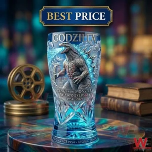 Commemorative Godzilla 70th anniversary pint glass with embossed design