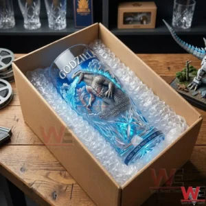 Godzilla 70th anniversary commemorative glass tumbler inside a cardboard shipping box