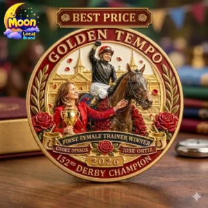 Commemorative 2026 Golden Tempo horse racing medal featuring a female trainer and jockey