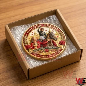 Golden Tempo's Glory The 152nd Kentucky Derby Champion Coin 5 Commemorative 2026 Golden Tempo horse racing medal in a shipping box.