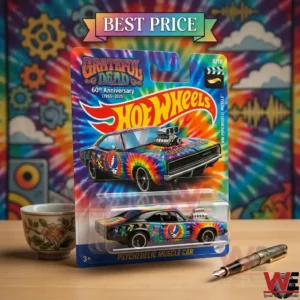 Grateful Dead 60th Anniversary Hot Wheels die-cast toy car on wooden table.