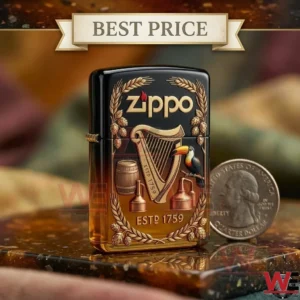 Guinness-themed Zippo lighter with harp and toucan design.