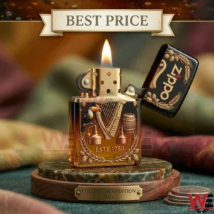 Guinness branded Zippo lighter with flame on a collector's display stand