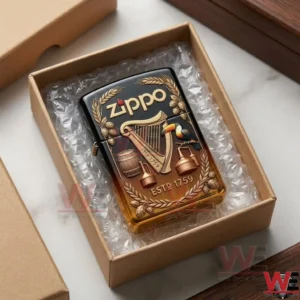 Guinness-themed Zippo windproof lighter in a bubble-wrapped cardboard gift box