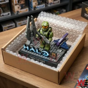 Master Chief Halo construction figure set with 25th anniversary base inside a cardboard box.