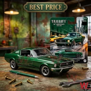 1968 Ford Mustang Bullitt die-cast model car on a workbench with packaging