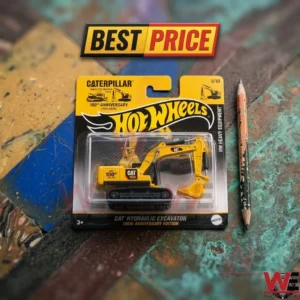 Caterpillar 100th Anniversary Edition Hot Wheels hydraulic excavator die-cast toy in packaging.