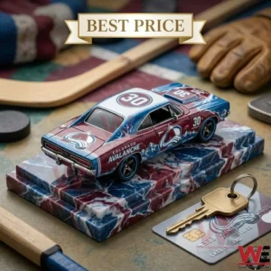 Colorado Avalanche themed diecast muscle car on a marble base with hockey gear