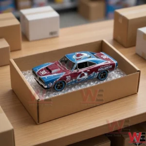 Custom Colorado Avalanche die-cast muscle car model in a shipping box
