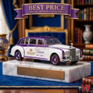 A detailed scale model of a classic purple and white luxury limousine commemorating Diana.