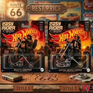 Two Hot Wheels Easy Rider 57th Anniversary collector motorcycles on display