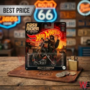 Hot Wheels Easy Rider Billy's Chopper collectible motorcycle on a wooden table.