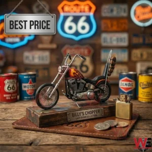 Miniature Billy's Chopper motorcycle model with flame paint job on a rustic wooden stand.