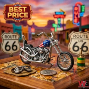 Miniature chopper motorcycle with American flag fuel tank on a wooden display table
