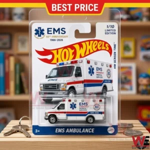 Hot Wheels limited edition EMS ambulance die-cast vehicle in blister packaging.