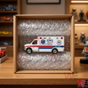 Die-cast ambulance model packed in a shipping box with bubble wrap.
