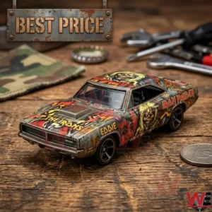 Hot Wheels Iron Maiden 51st Anniversary Eddie 70's Muscle Car 4 Iron Maiden themed diecast muscle car model on wooden workshop table