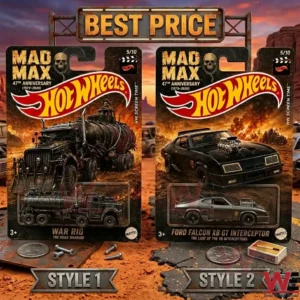 Two Hot Wheels Mad Max 47th Anniversary die-cast collectible vehicles featuring the War Rig and Ford Falcon XB GT Interceptor on blister card packaging.
