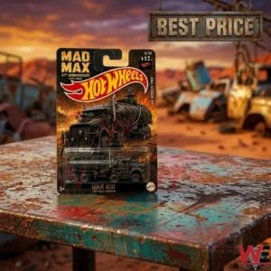 Mad Max War Rig Hot Wheels die-cast vehicle in original packaging on a rustic table.