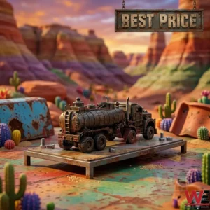 A weathered industrial tanker truck model sitting on a metal platform in a desert landscape.