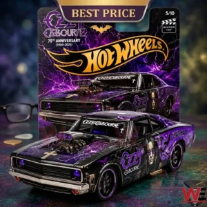 Ozzy Osbourne Hot Wheels diecast car with custom purple lightning and bat graphics.