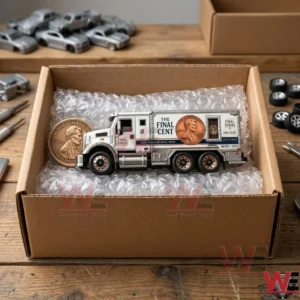 Diecast armored truck model titled The Final Cent in a shipping box