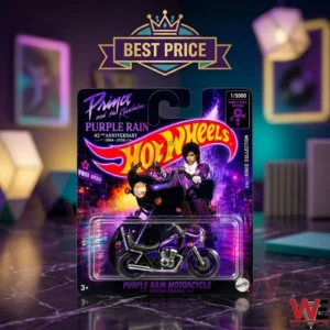 Prince Purple Rain 42nd Anniversary Hot Wheels motorcycle collectible in packaging.