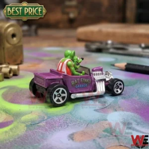 Rat Fink diecast hot rod toy car on a colorful surface