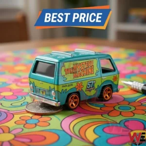 Die-cast scale model of the Mystery Machine van on a floral background