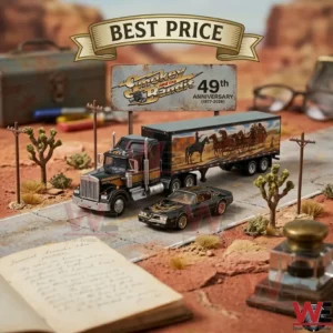 Smokey and the Bandit 49th anniversary scale model semi-truck and Trans Am car set on a desert display base.