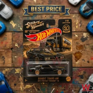 Smokey and the Bandit 50th Anniversary Hot Wheels 1977 Pontiac Firebird Trans Am collectible car in packaging.