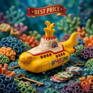 Yellow submarine collectible toy commemorating a 65th anniversary set in a vibrant coral reef display