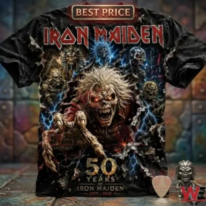 Iron Maiden 50th anniversary graphic t-shirt featuring Eddie mascot collage