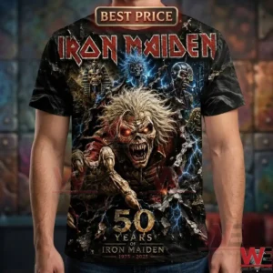 Man wearing an Iron Maiden 50th anniversary graphic t-shirt featuring Eddie artwork.