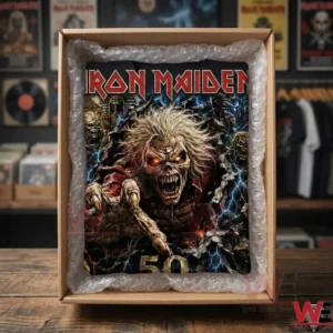 Iron Maiden Eddie 50th anniversary merchandise in a shipping box