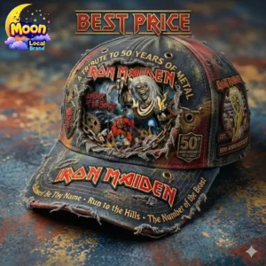Distressed Iron Maiden 50th Anniversary tribute baseball cap